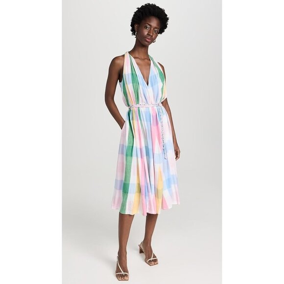 New Mille Marilyn Belted Sleeveless Cotton Midi Dress in Pastel Colors Plaid L - Picture 6 of 14